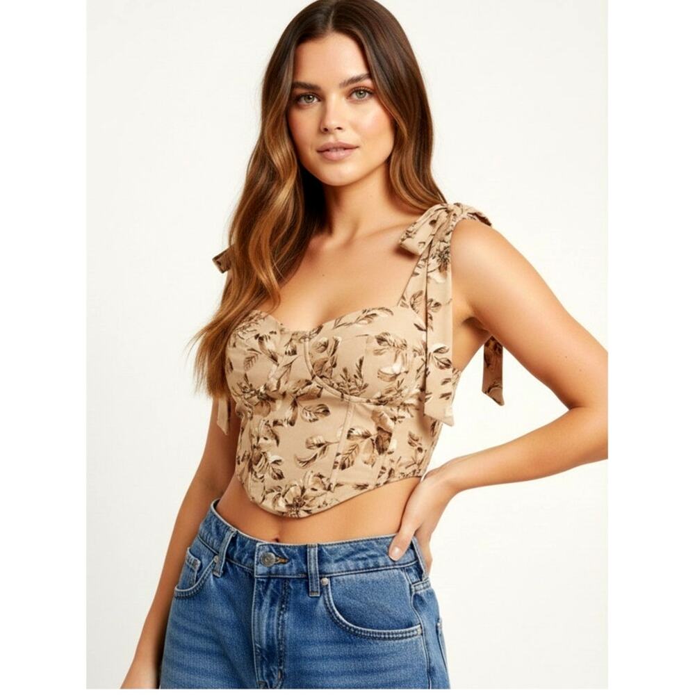 Avanova Bustier Top Womens Size Small Tan/Brown Floral Crop Sleeveless Shirt, S